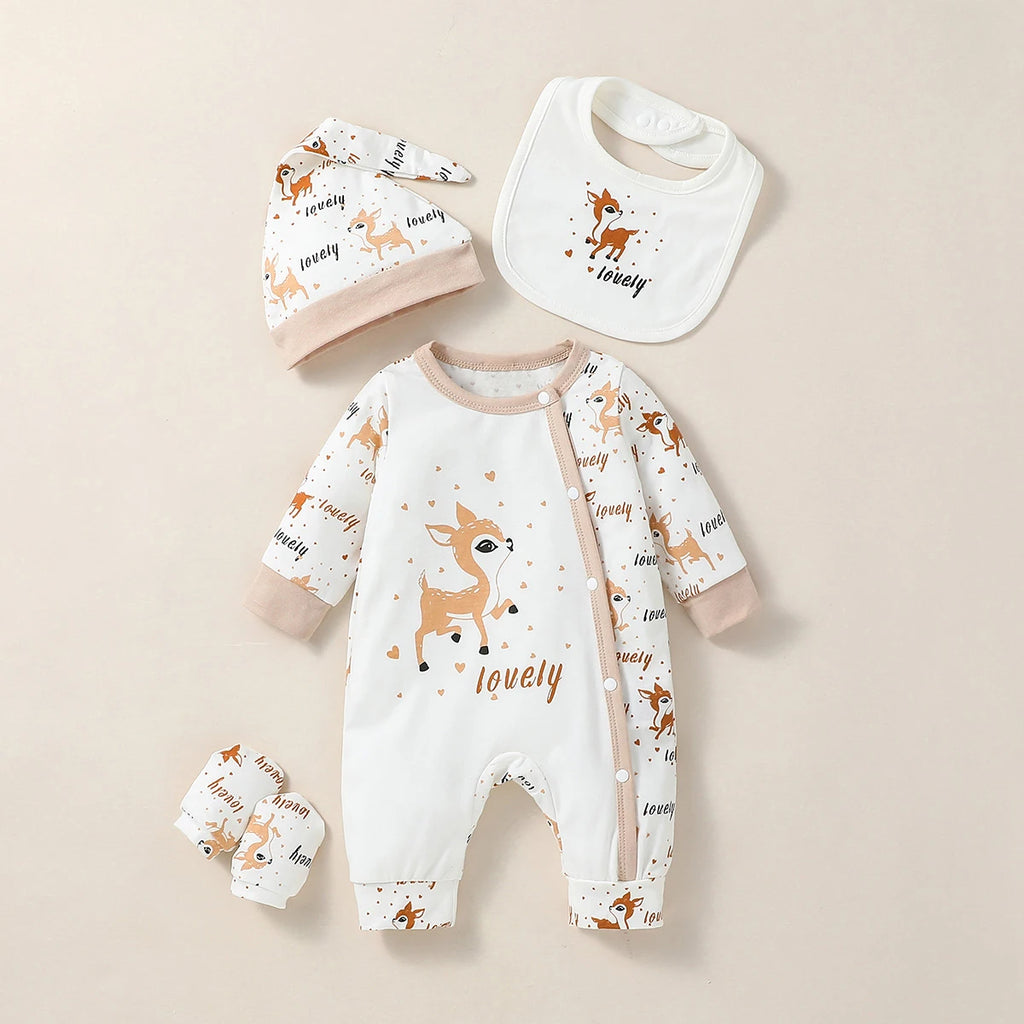 4PCS Baby Animal Print Set – Long Sleeve Romper with Bib, Hat & Gloves