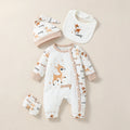 4PCS Baby Animal Print Set – Long Sleeve Romper with Bib, Hat & Gloves