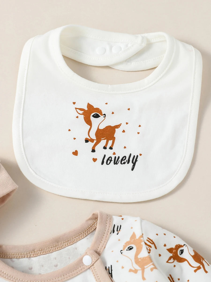 4PCS Baby Animal Print Set – Long Sleeve Romper with Bib, Hat & Gloves
