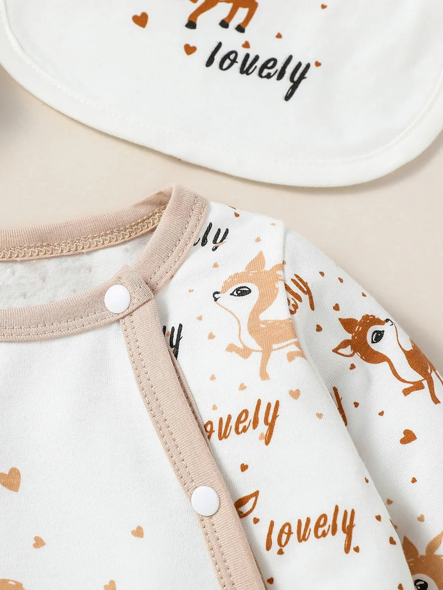 4PCS Baby Animal Print Set – Long Sleeve Romper with Bib, Hat & Gloves