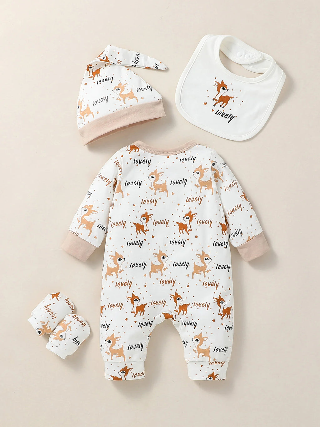 4PCS Baby Animal Print Set – Long Sleeve Romper with Bib, Hat & Gloves