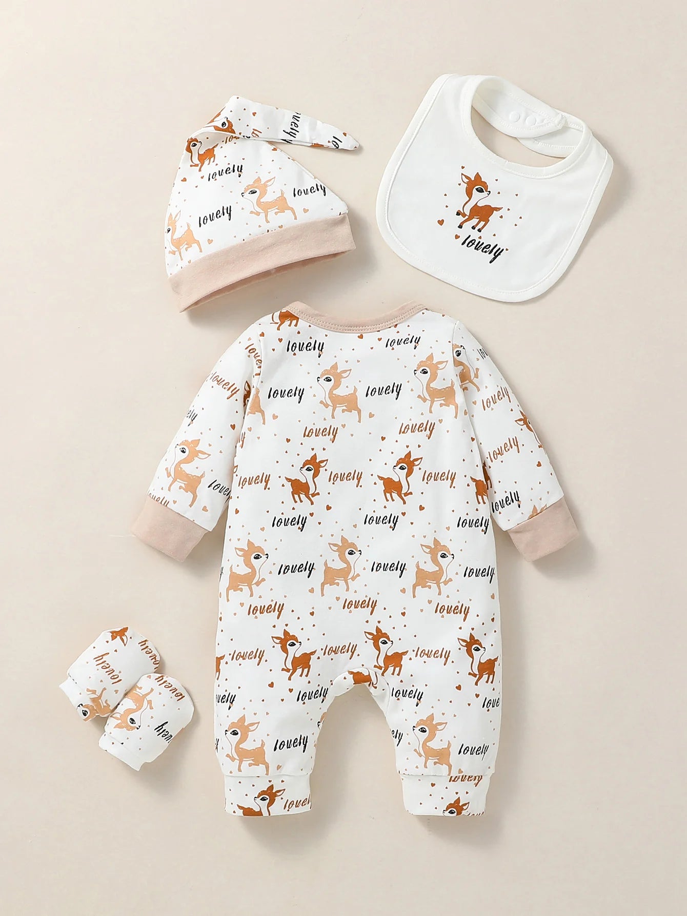 4PCS Baby Animal Print Set – Long Sleeve Romper with Bib, Hat & Gloves