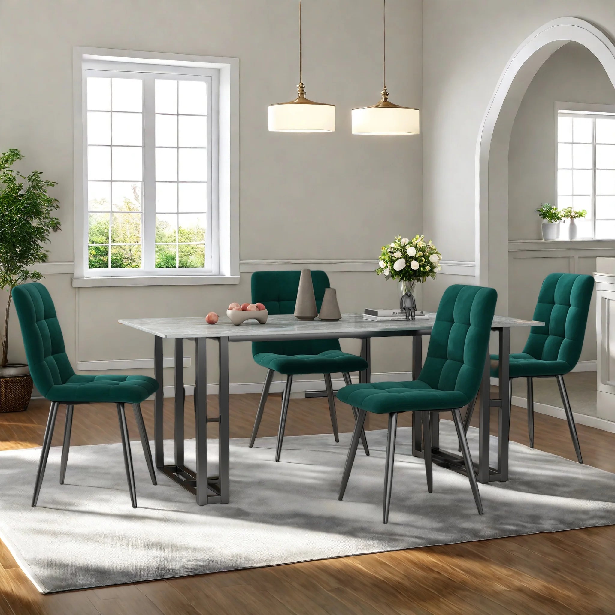 Superaly Set of 4 Velvet Dining Chairs with Backrests, Upholstered Kitchen Chairs with Black Metal Frame, Dark Green