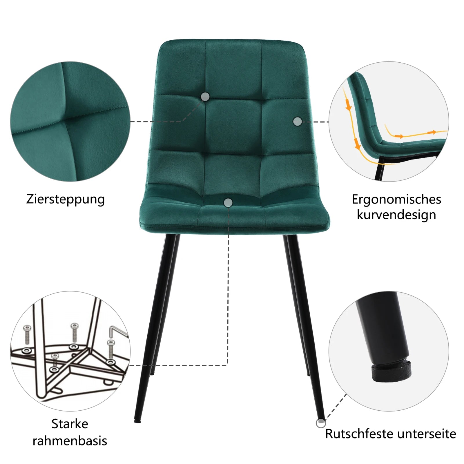 Superaly Set of 4 Velvet Dining Chairs with Backrests, Upholstered Kitchen Chairs with Black Metal Frame, Dark Green