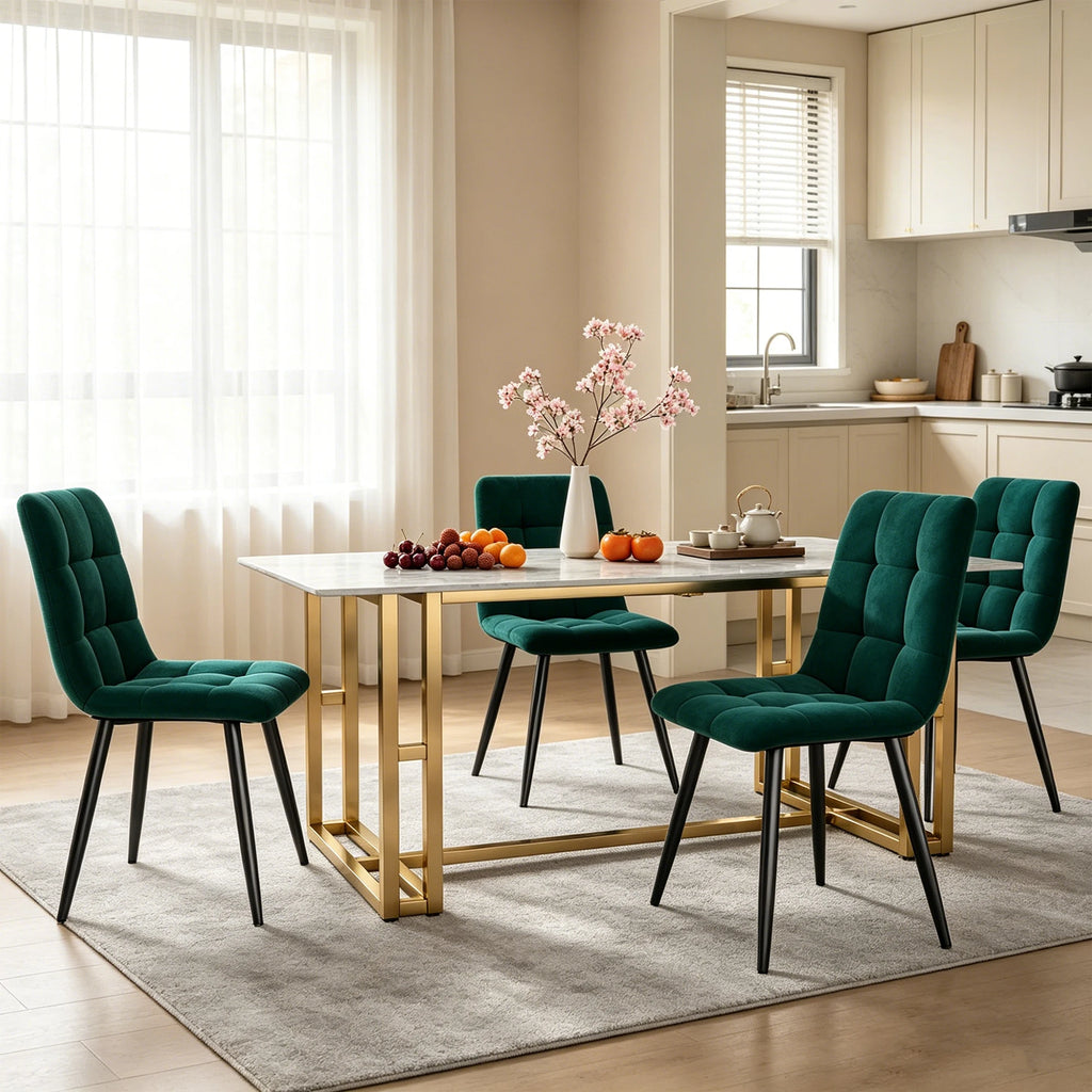 Superaly Set of 4 Velvet Dining Chairs with Backrests, Upholstered Kitchen Chairs with Black Metal Frame, Dark Green