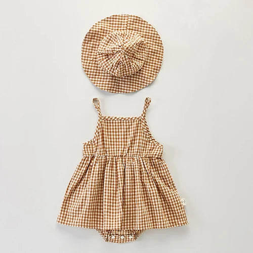 Baby Girl Plaid Romper with Hat – Sleeveless Cotton Summer Outfit