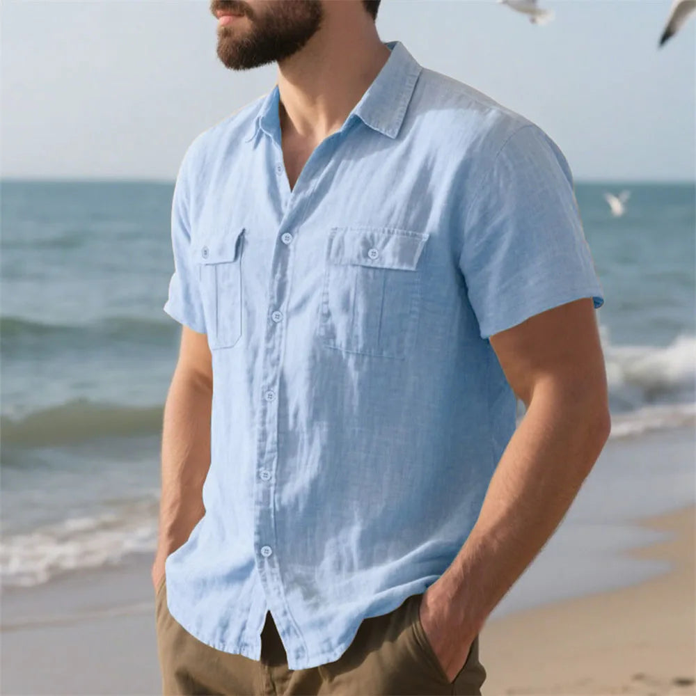 Summer Men’s Cotton Linen Short Sleeve Shirt – Casual Beach & Vacation Style