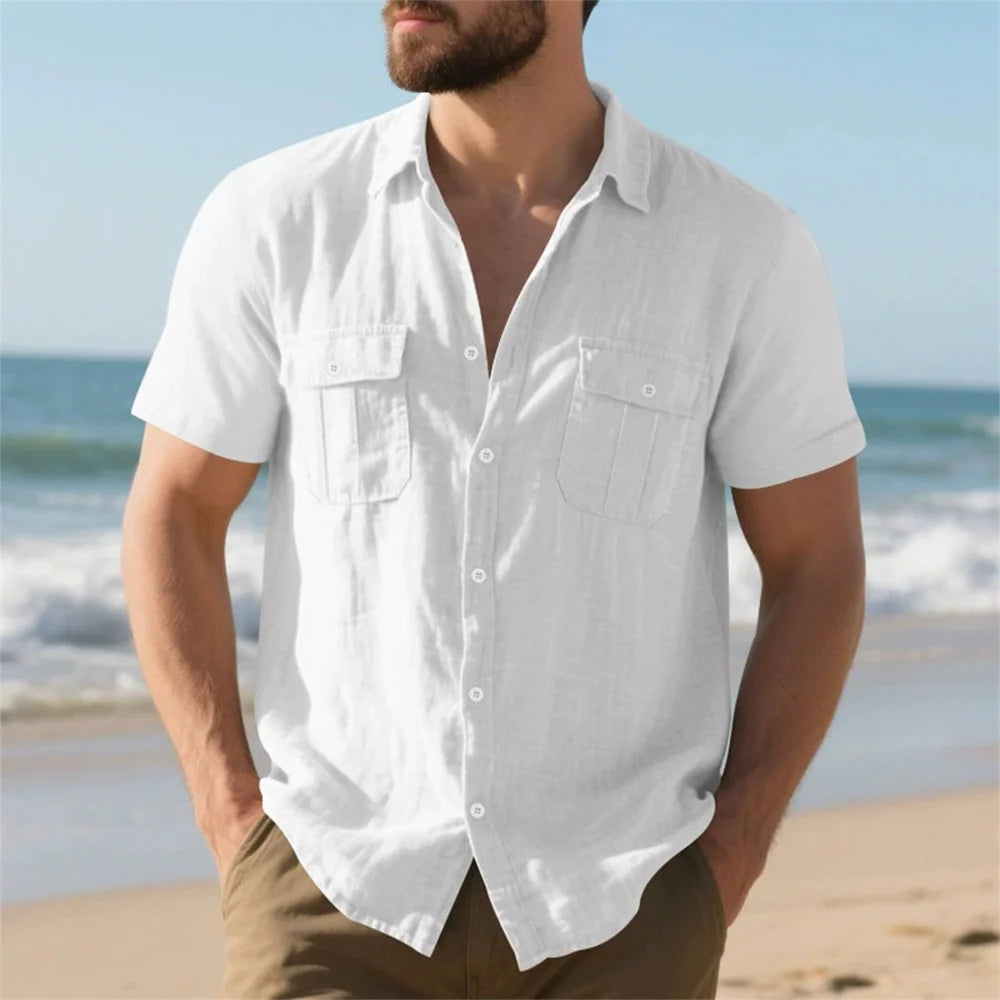 Summer Men’s Cotton Linen Short Sleeve Shirt – Casual Beach & Vacation Style