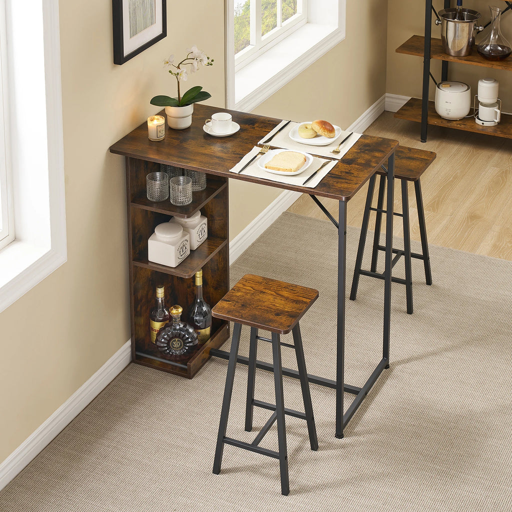 3-Piece Small Bar Table and Chairs Set for 2 with 3-Tier Storage Shelves, Space-Saving Kitchen & Dining Table Set for Small Rooms