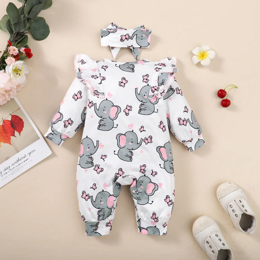 Baby Girl Elephant Outfit – Long Sleeve Casual Romper with Matching Headband