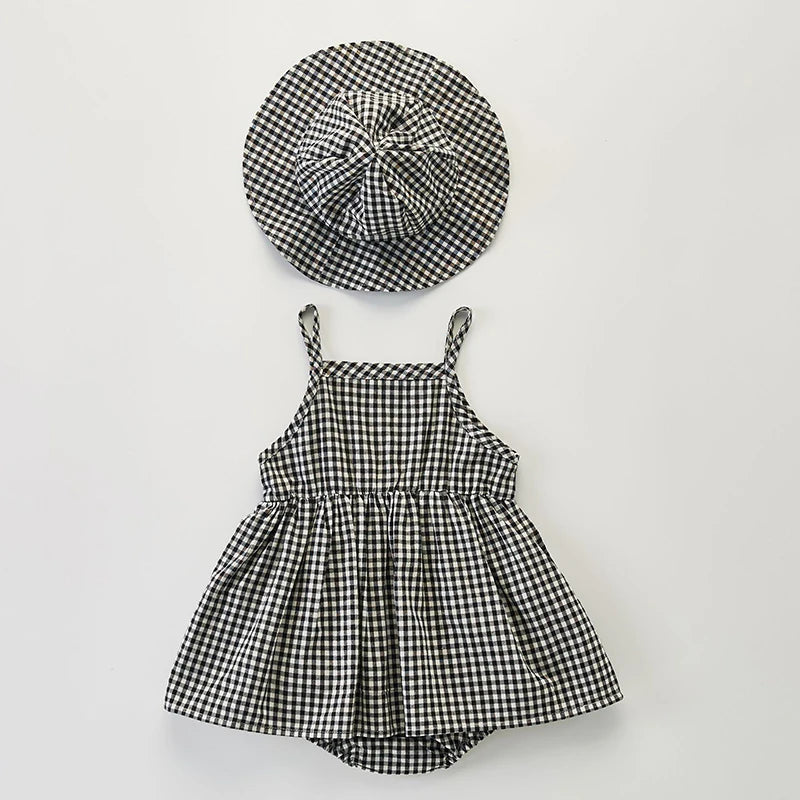 Baby Girl Plaid Romper with Hat – Sleeveless Cotton Summer Outfit