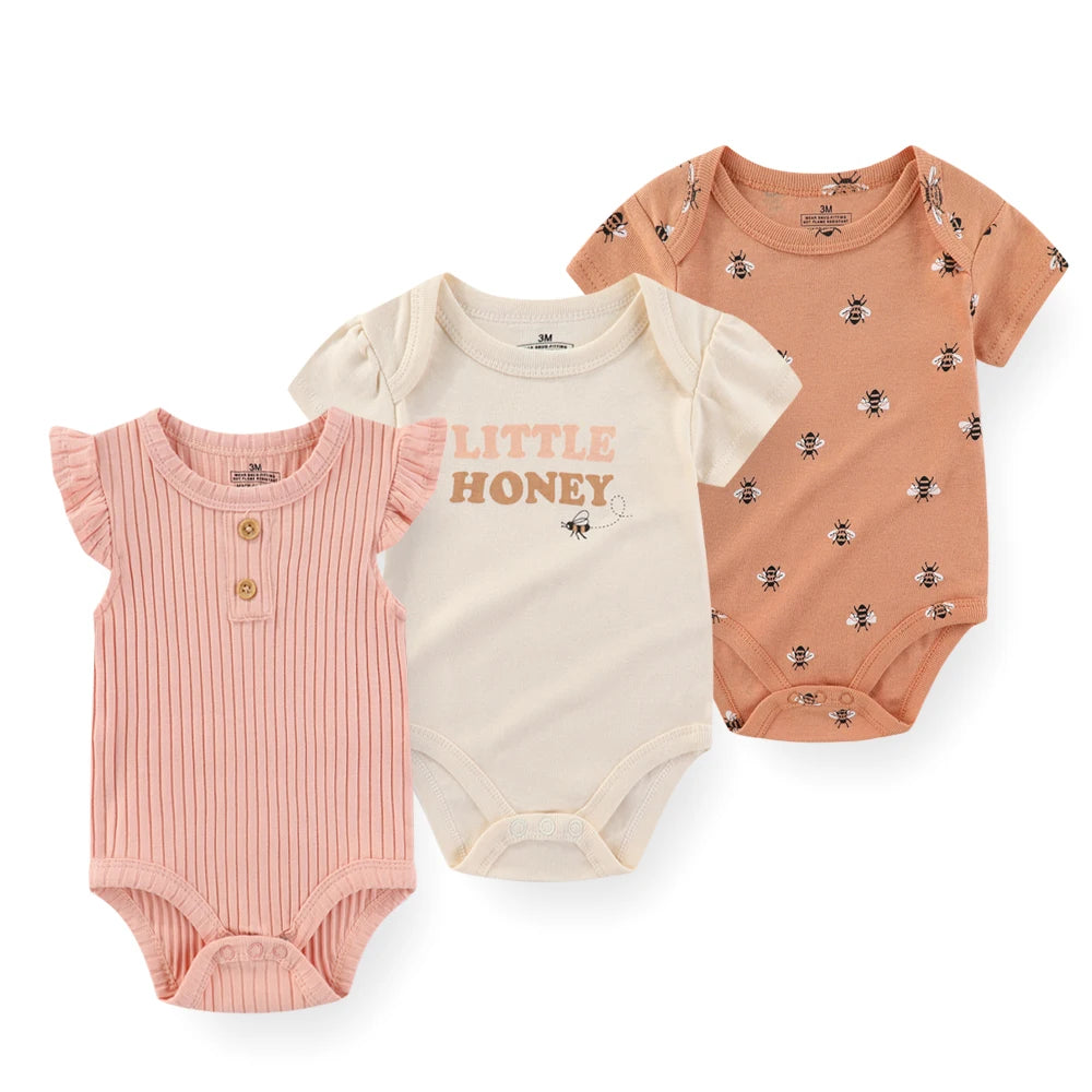 3PCS Cartoon Baby Bodysuit Set – Soft Cotton Short Sleeve Outfits for Newborn Boys & Girls