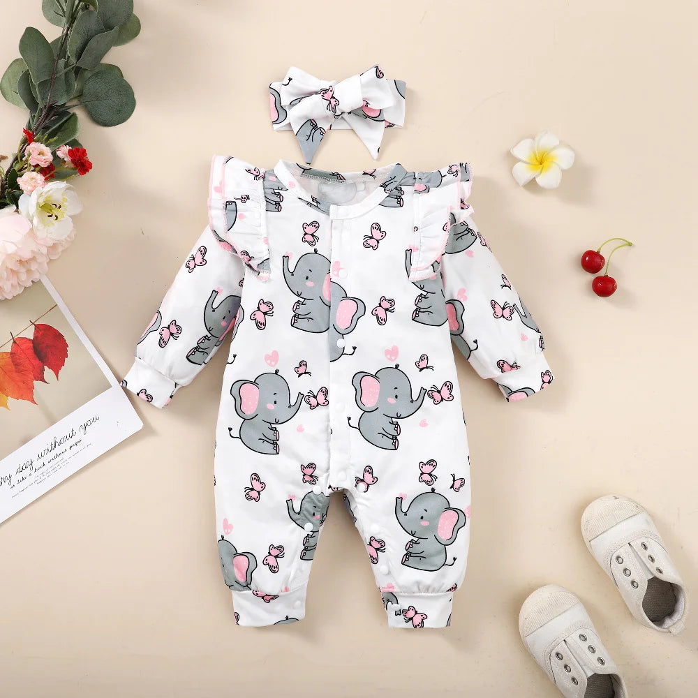 Baby Girl Elephant Outfit – Long Sleeve Casual Romper with Matching Headband