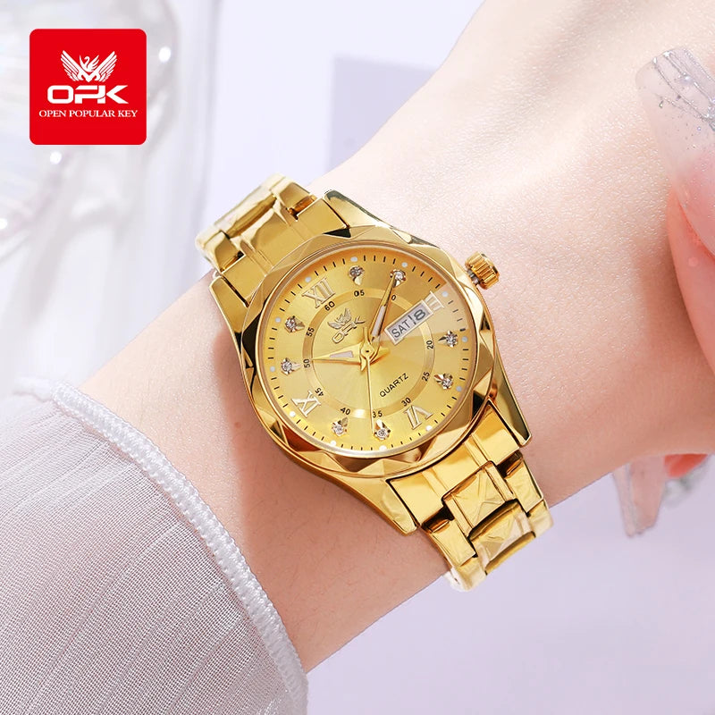 OPK Brand women's steel strip quartz watch dual calendar waterproof night light 6023