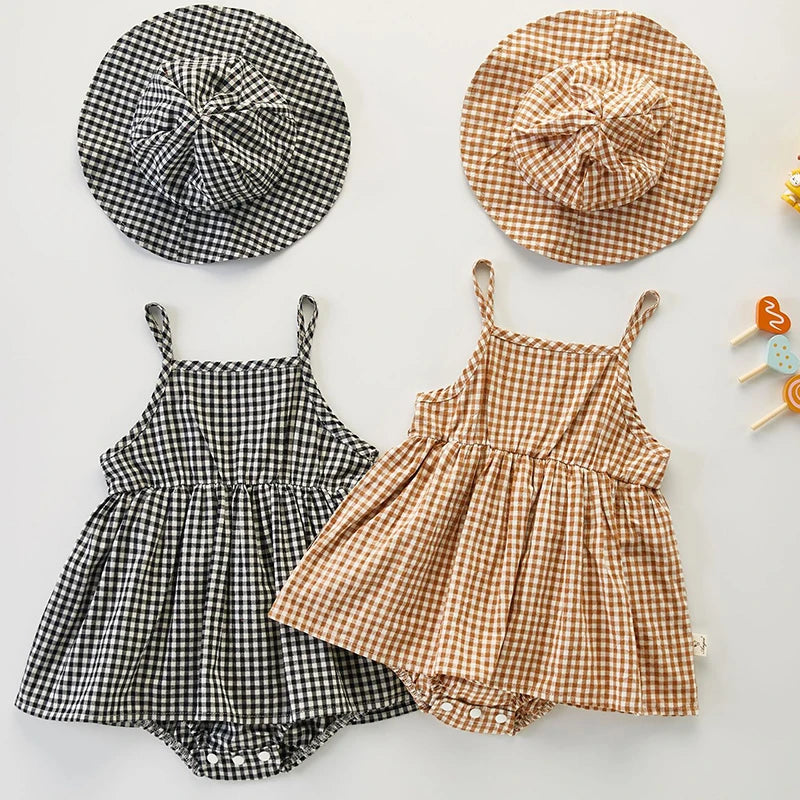 Baby Girl Plaid Romper with Hat – Sleeveless Cotton Summer Outfit