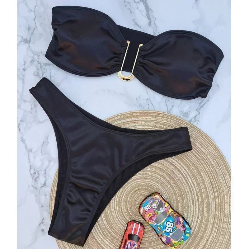 Women’s Summer Push-Up Bandeau Bikini Set – Solid Color Swimwear