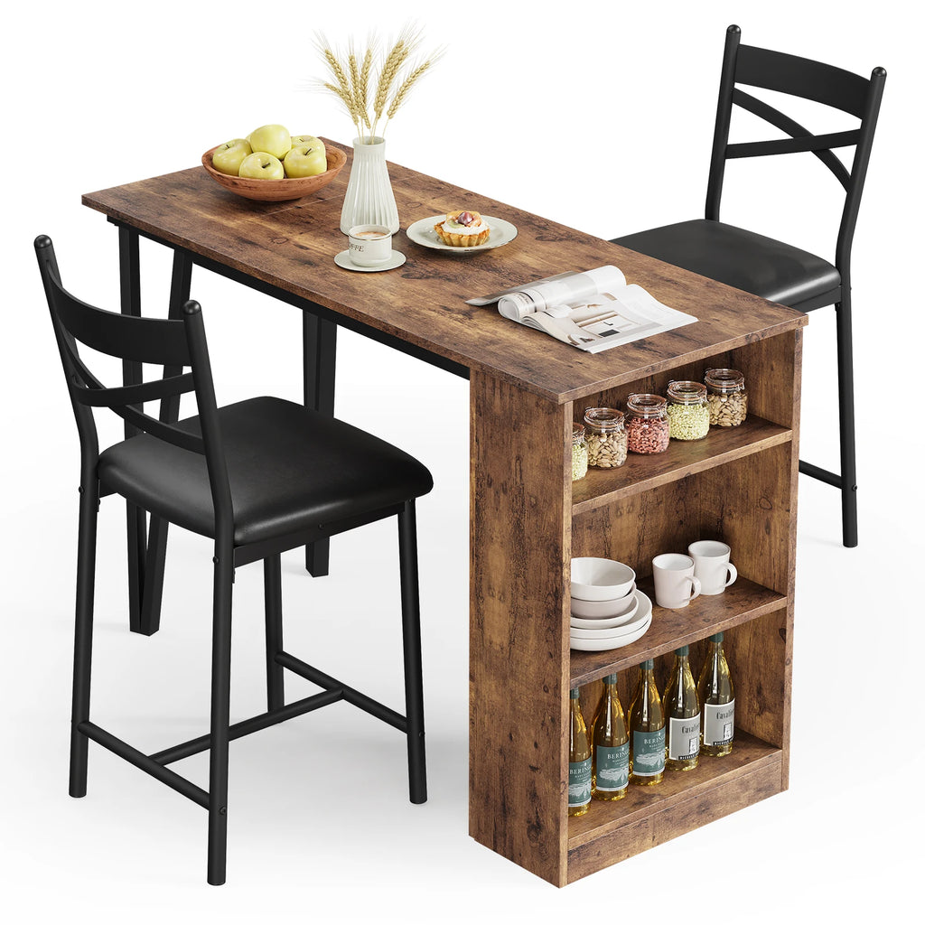 3-Piece Dining Room Table Set with 2 Upholstered Chairs & Storage Shelves, Space-Saving Breakfast Nook & Coffee Bar Table for Small Spaces