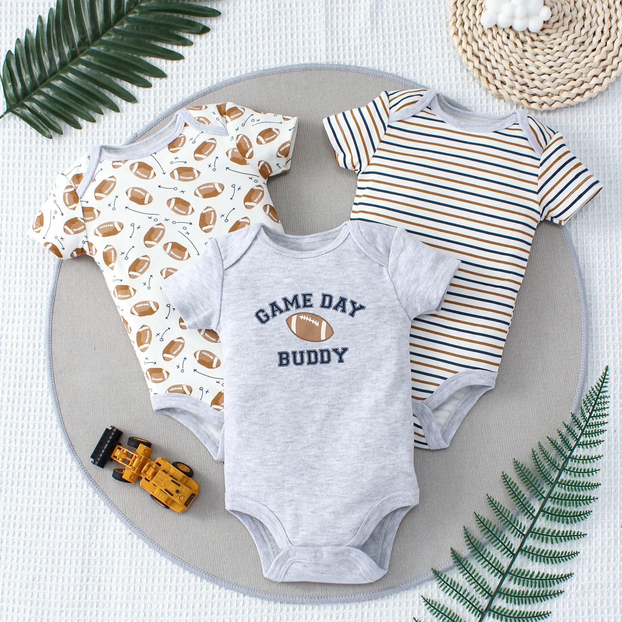3PCS Summer Baby Bodysuit Set – Cartoon Dinosaur & Stripe Rompers for Baby Boys
