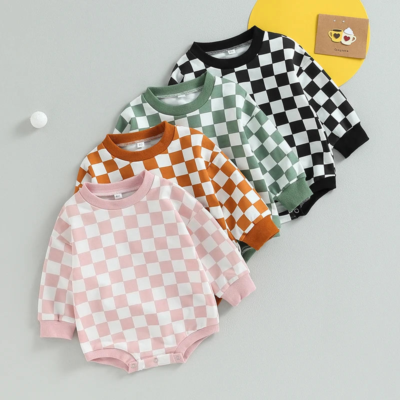 Checkered Baby Sweatshirt Romper – Oversized Long Sleeve Bubble Jumpsuit for Boys & Girls