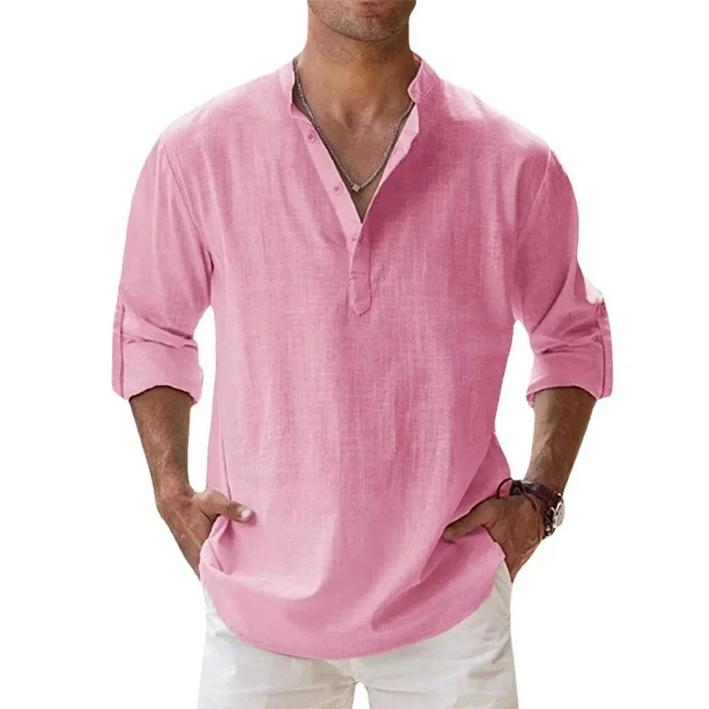 Men’s Cotton Linen Short-Sleeve Shirt – Hawaiian Vacation Style