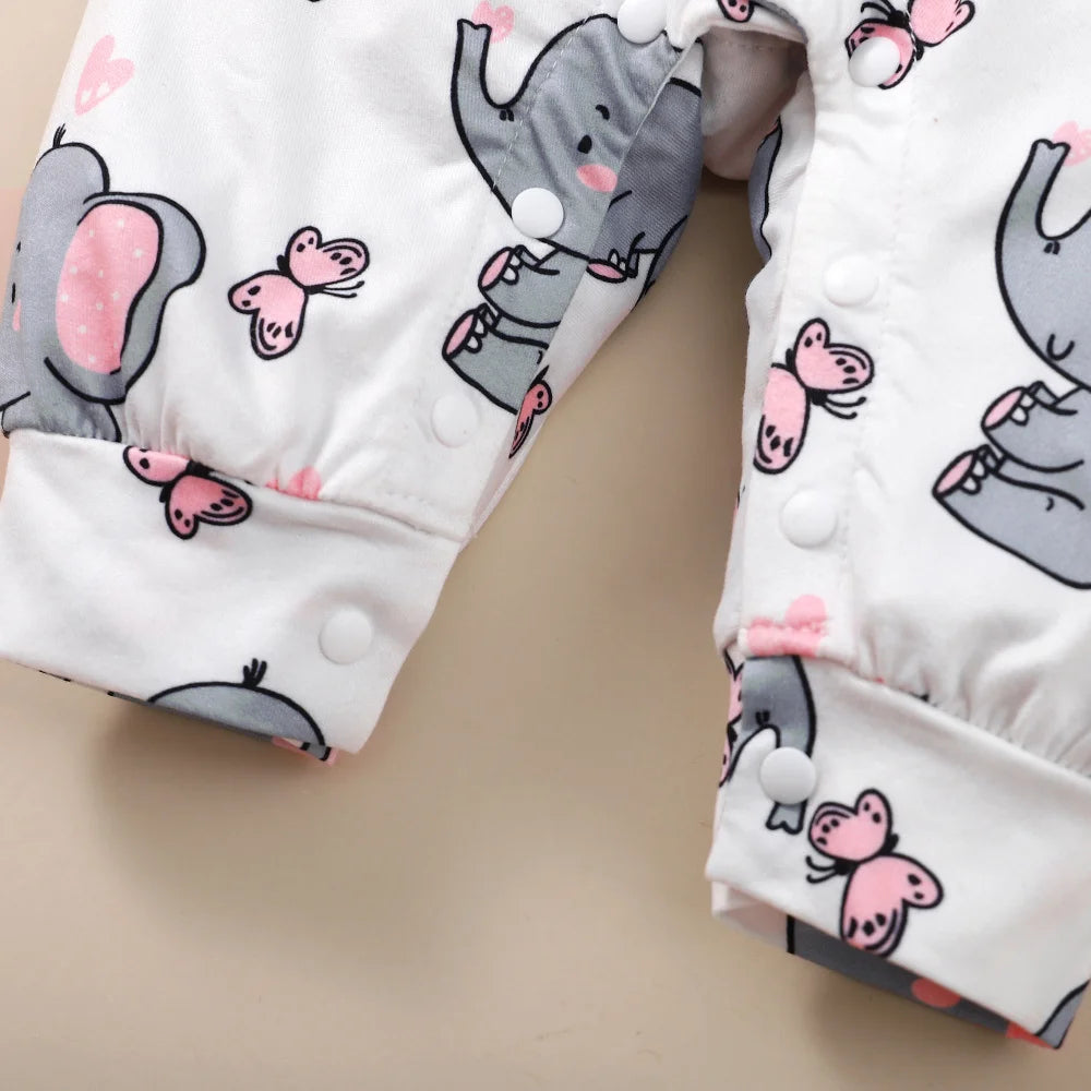 Baby Girl Elephant Outfit – Long Sleeve Casual Romper with Matching Headband