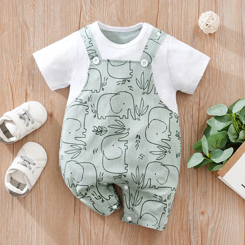 Summer Newborn Baby Bodysuit – Cute Cartoon Elephant Print Cotton Outfit for Boys & Girls