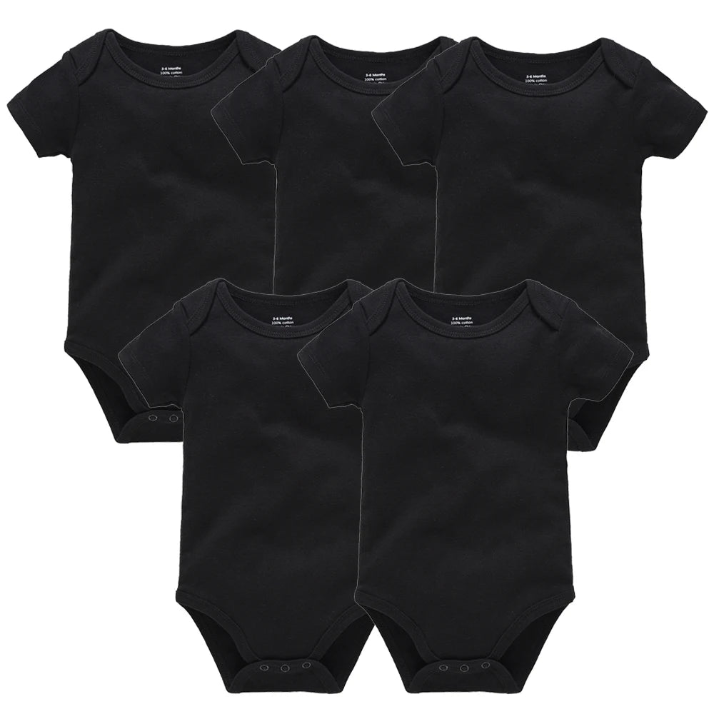 5PCS Baby Bodysuit Set – 100% Cotton Solid Black Rompers for Newborn Boys