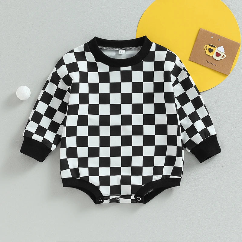 Checkered Baby Sweatshirt Romper – Oversized Long Sleeve Bubble Jumpsuit for Boys & Girls