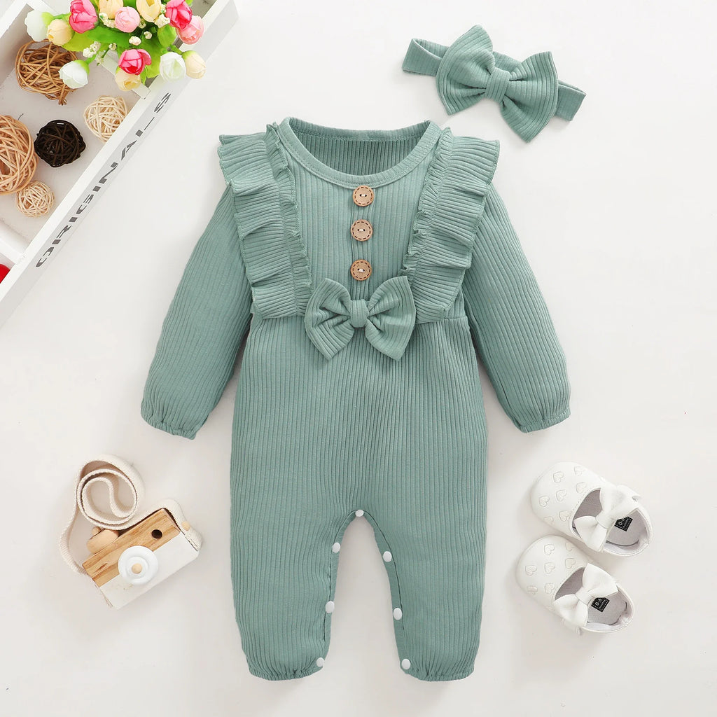 Newborn Baby Girl Ruffle Romper – Long Sleeve Onesie with Headband Set