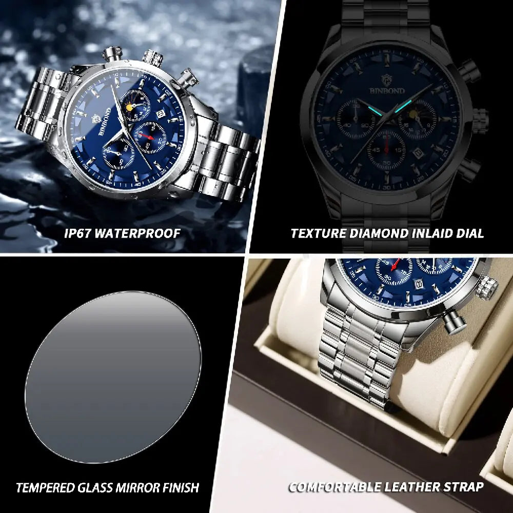 BINBOND Men’s Quartz Watch — luxury design with luminous hands, chronograph function, and auto date, combining business elegance with sporty style