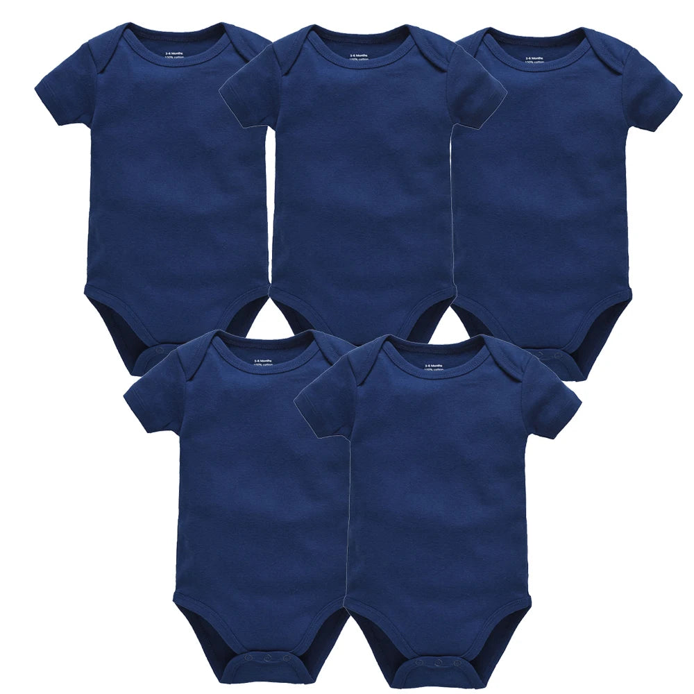 5PCS Baby Bodysuit Set – 100% Cotton Solid Black Rompers for Newborn Boys