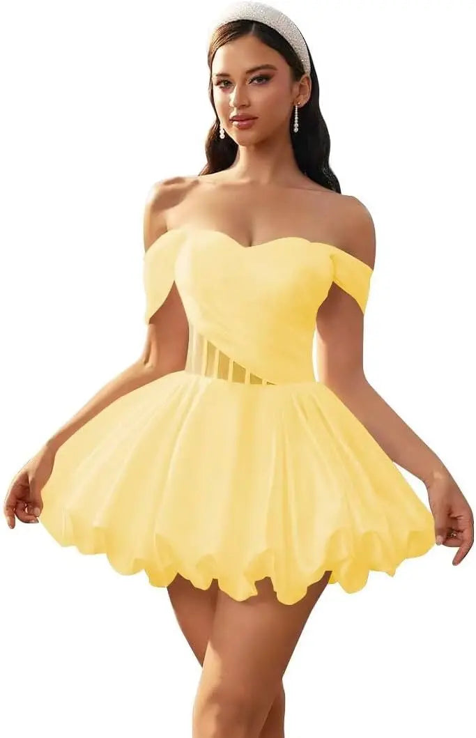 Make a graceful entrance in this elegant off-shoulder homecoming dress