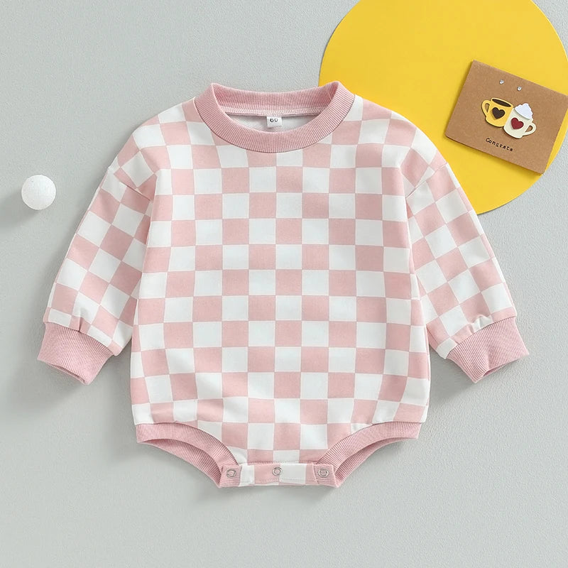 Checkered Baby Sweatshirt Romper – Oversized Long Sleeve Bubble Jumpsuit for Boys & Girls