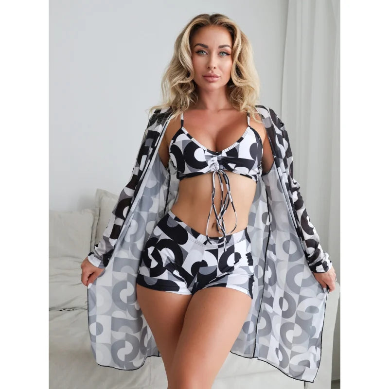 Women’s 3-Piece Bikini Set – High Waist Swimwear with Cover-Up