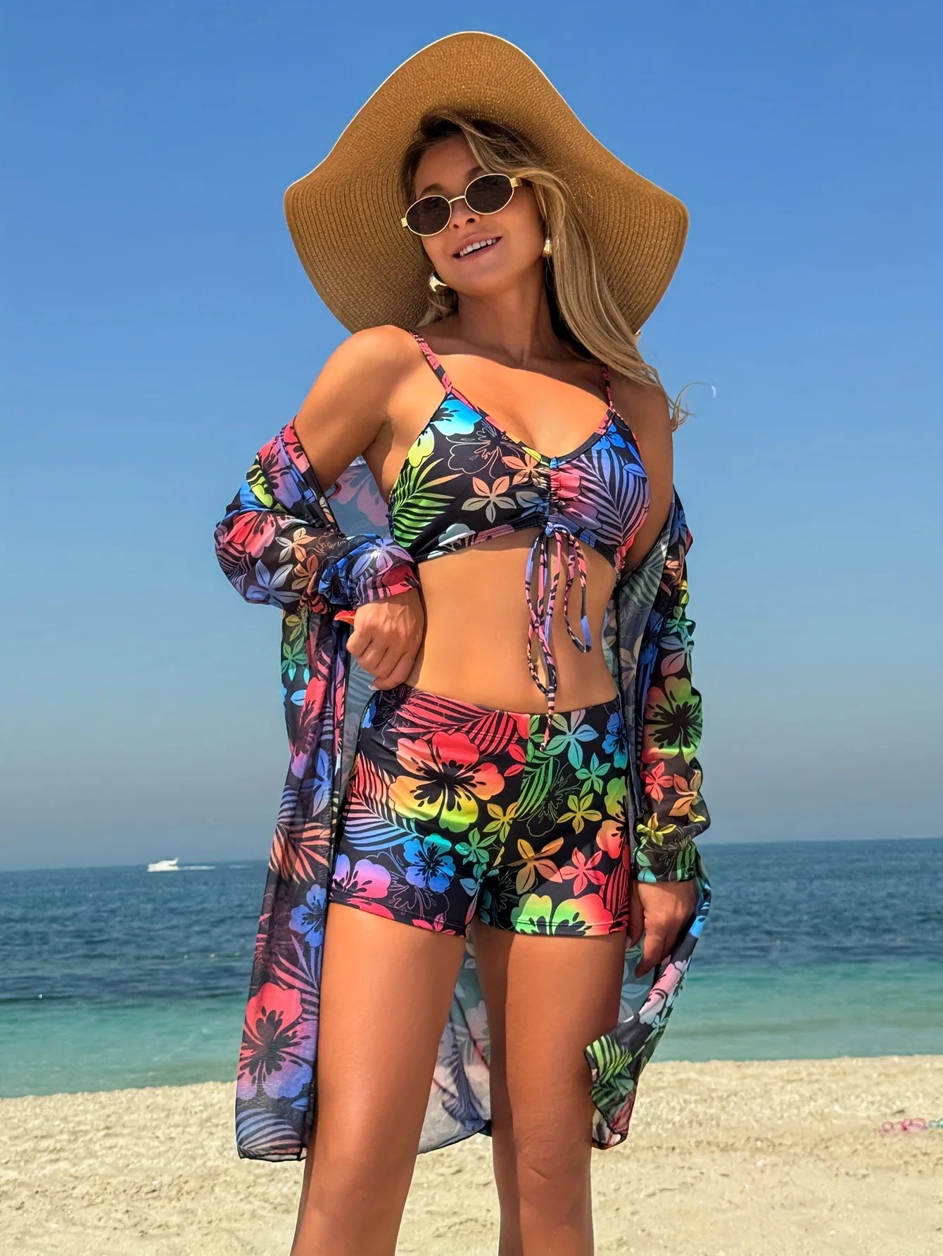 Women’s 3-Piece Bikini Set – High Waist Swimwear with Cover-Up