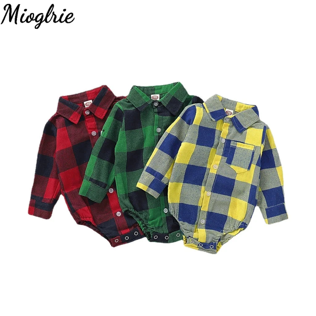 Gentleman Baby Boy Plaid Romper – Long Sleeve Lapel Shirt Jumpsuit for Toddlers