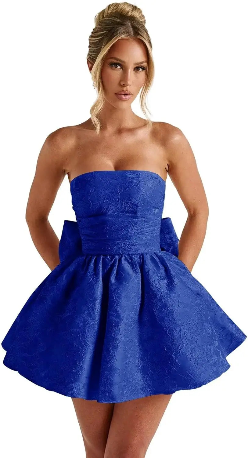 Make a dazzling entrance in this elegant strapless homecoming dress
