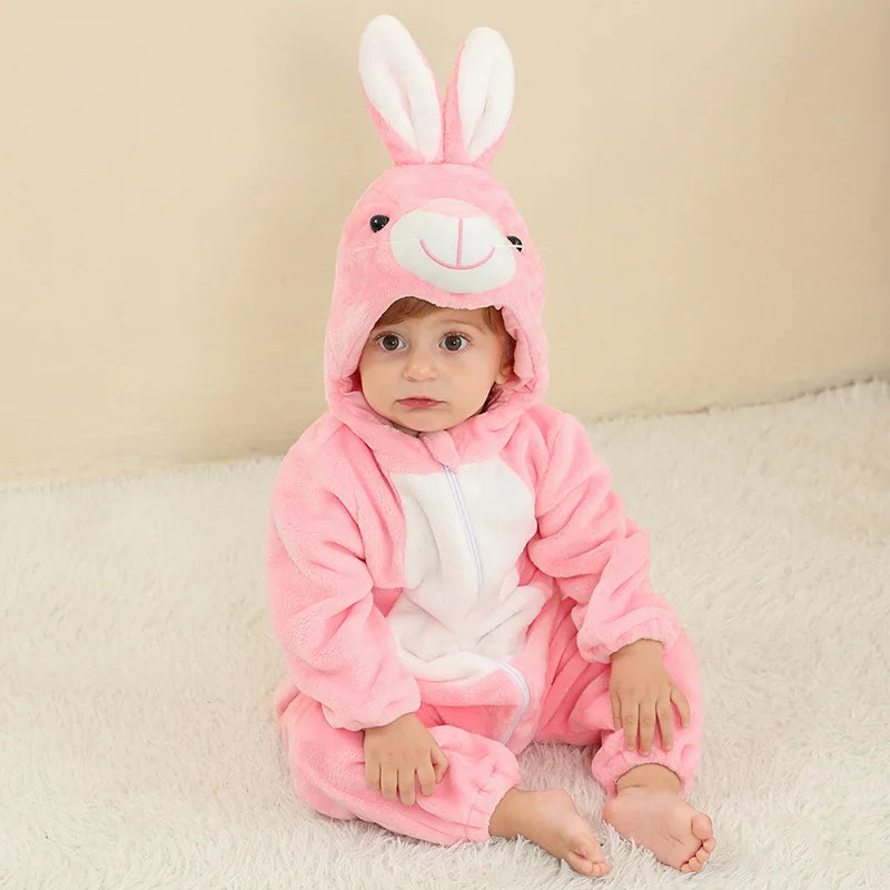 Winter Baby Stitch Romper – Hooded Flannel Cosplay Jumpsuit for Kids