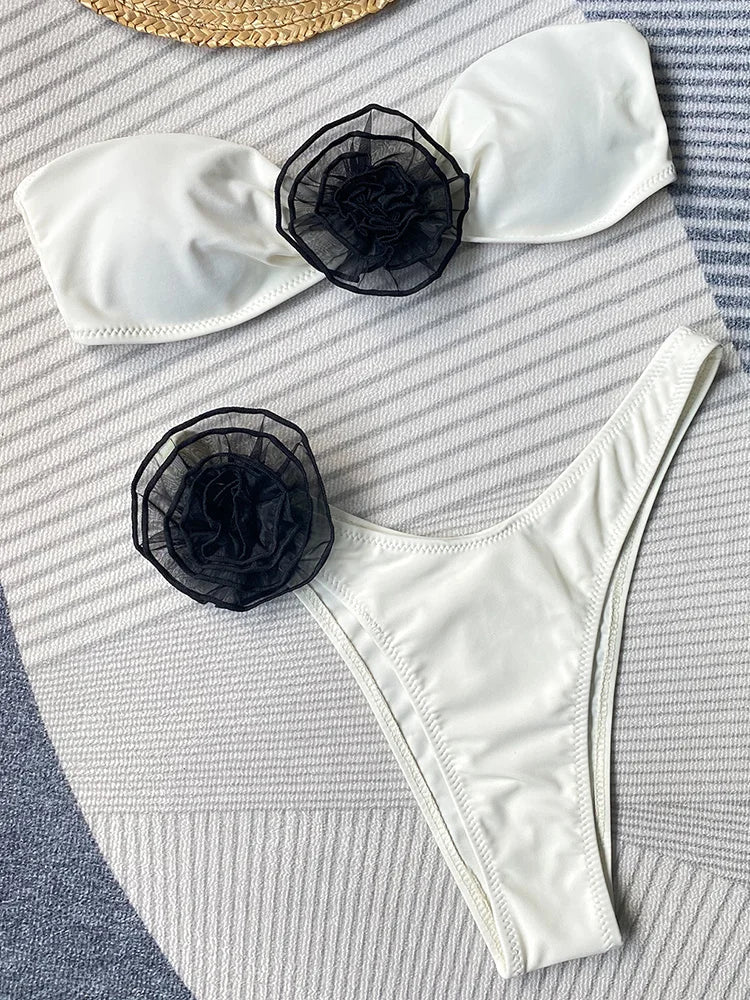 Women’s 3D Flower Bandeau Bikini Set – Brazilian High-Cut Swimwear