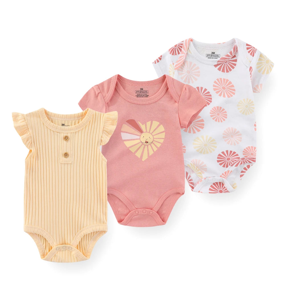 3PCS Cartoon Baby Bodysuit Set – Soft Cotton Short Sleeve Outfits for Newborn Boys & Girls