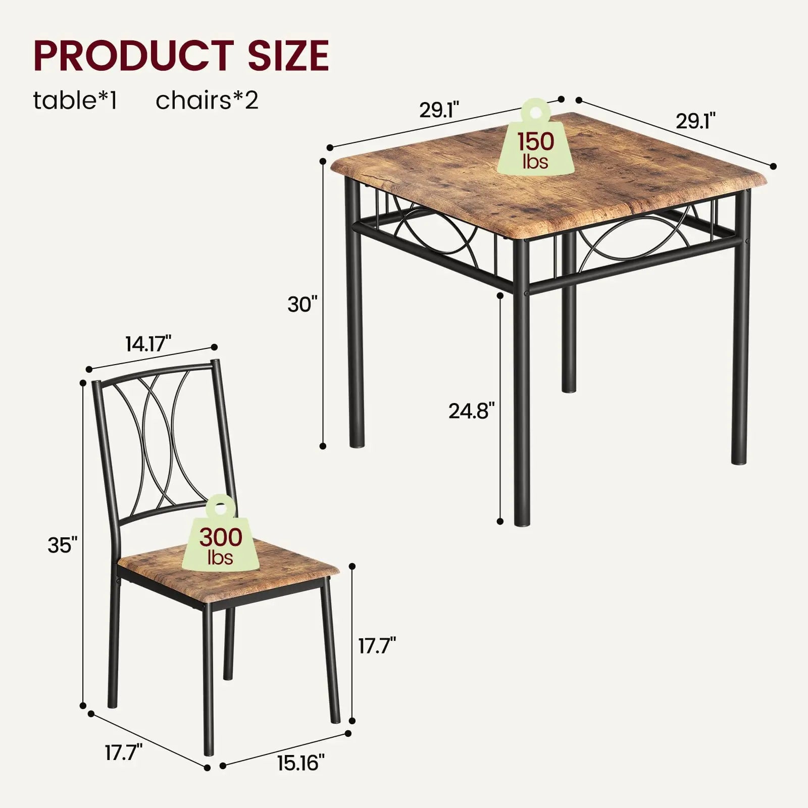 3-Piece Wood Dining Table Set for 2, Compact Square Kitchen Table Set with 2 Upholstered Chairs, Space-Saving Dining Set for Small Dining Rooms, Apartments & Kitchens
