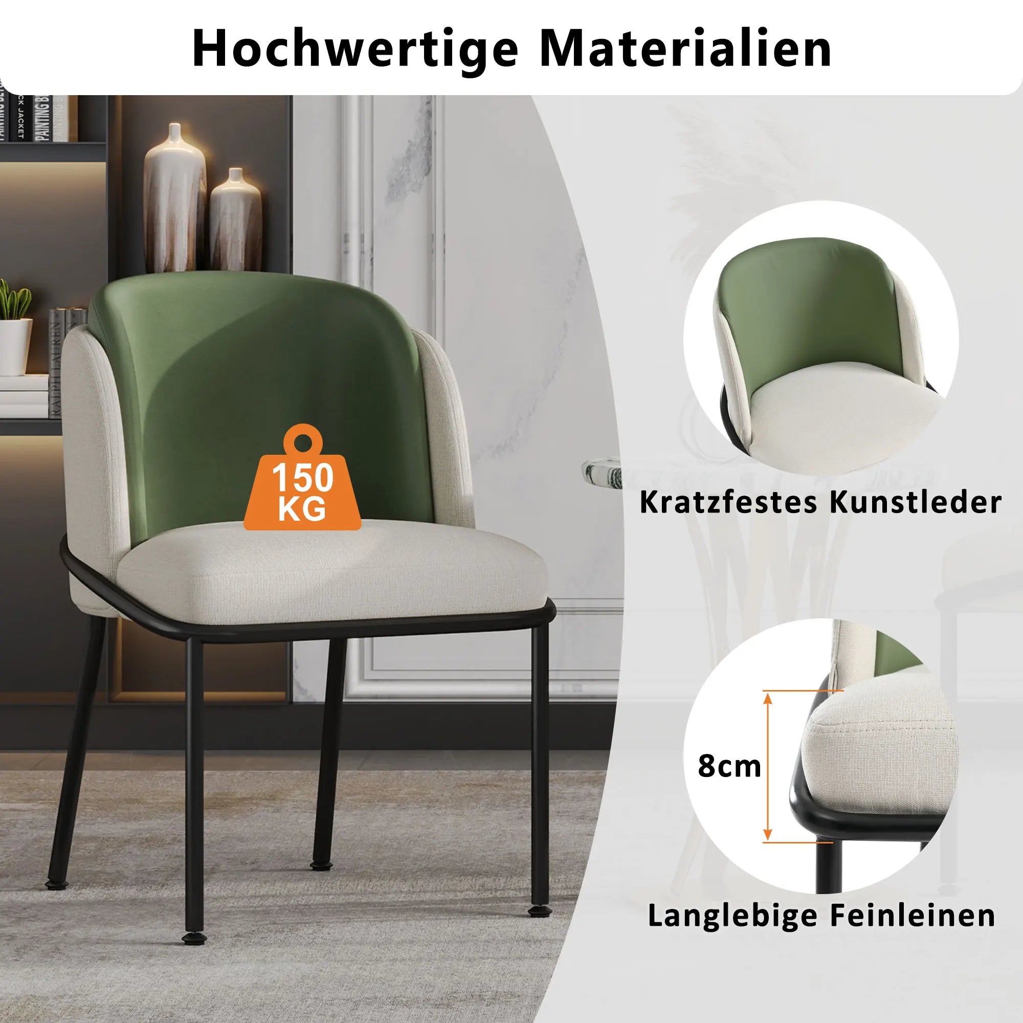 Set of 2 Modern Dining Chairs with Angled Legs & Adjustable Feet, Upholstered Accent Chairs for Living Room, Dining Room & Office, Beige and Green