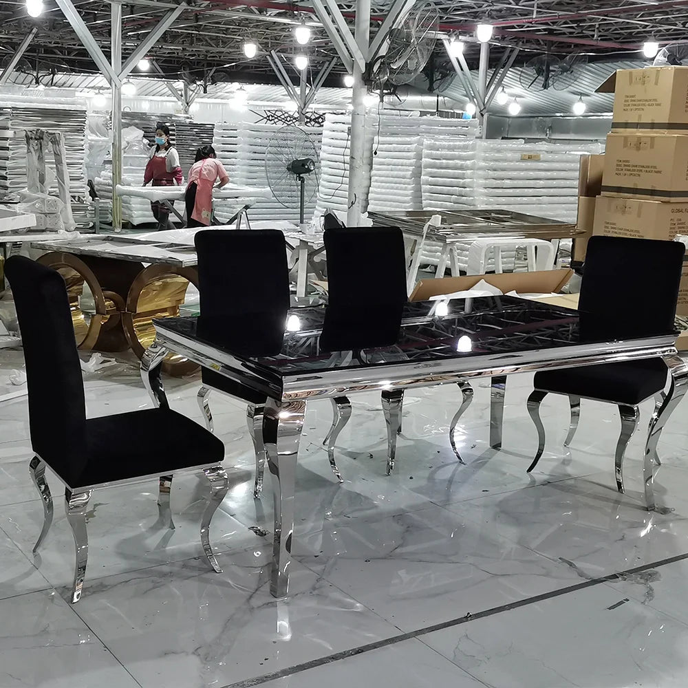 Wholesale Luxury Dining Table Set with Grey Solid Marble Top & 6 Grey Knocker Chairs, Stainless Steel Chrome Dining Table Set