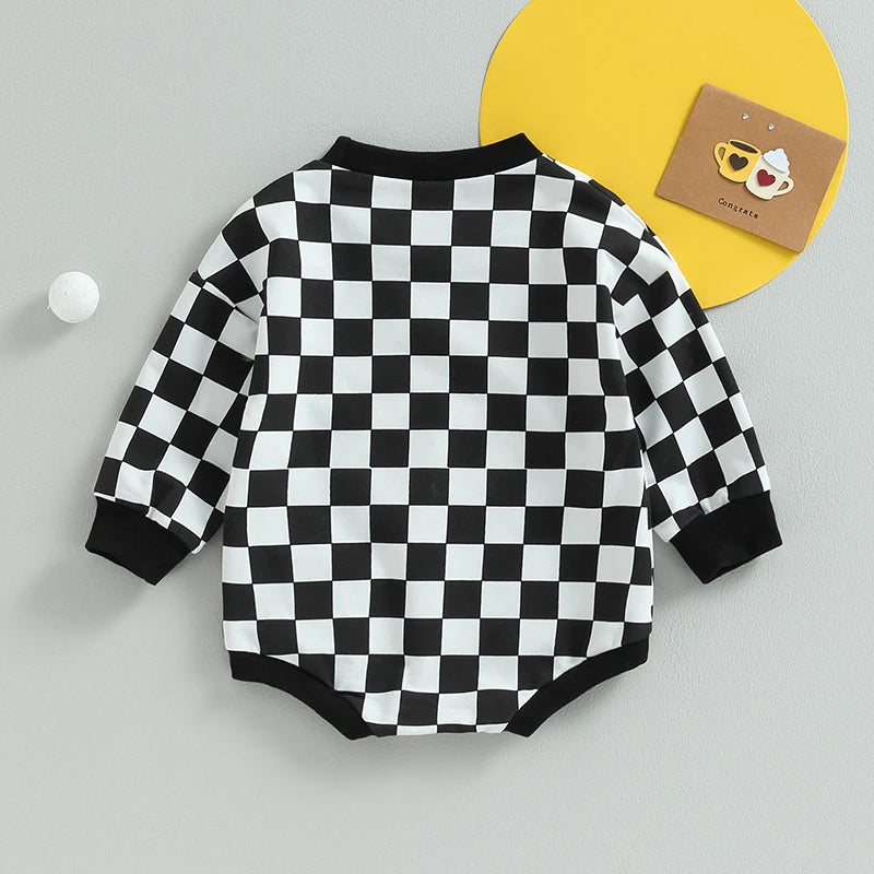 Checkered Baby Sweatshirt Romper – Oversized Long Sleeve Bubble Jumpsuit for Boys & Girls