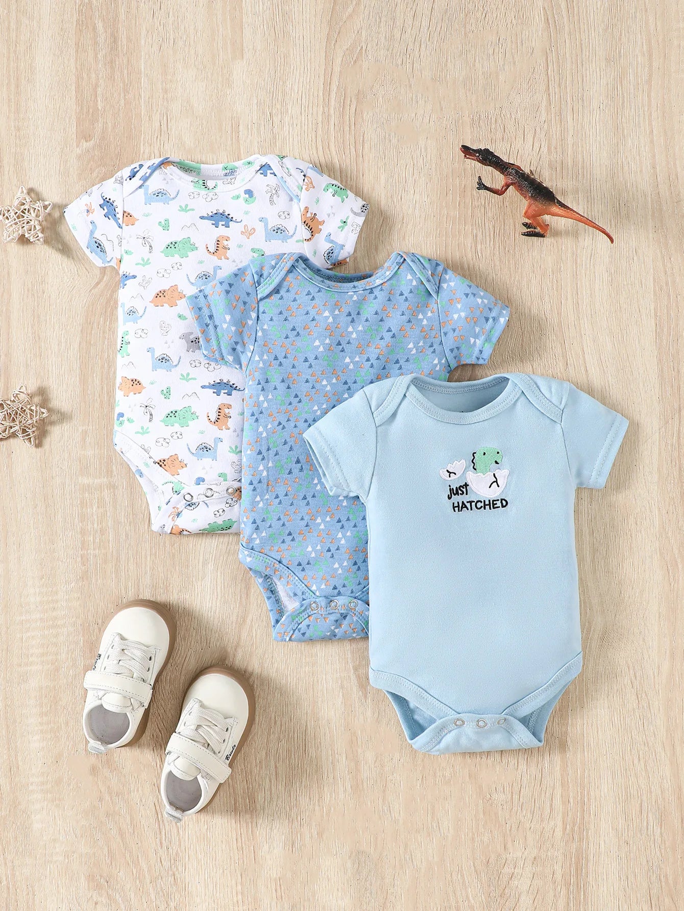 3PCS Summer Baby Bodysuit Set – Cartoon Dinosaur & Stripe Rompers for Baby Boys