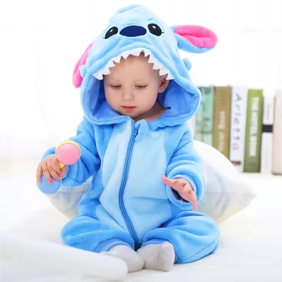 Winter Baby Stitch Romper – Hooded Flannel Cosplay Jumpsuit for Kids