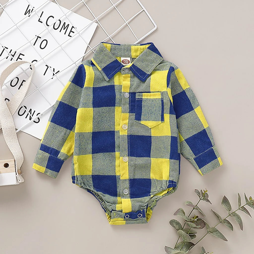 Gentleman Baby Boy Plaid Romper – Long Sleeve Lapel Shirt Jumpsuit for Toddlers