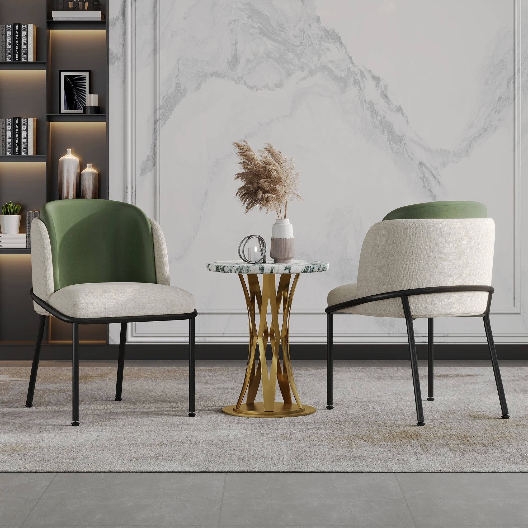 Set of 2 Modern Dining Chairs with Angled Legs & Adjustable Feet, Upholstered Accent Chairs for Living Room, Dining Room & Office, Beige and Green