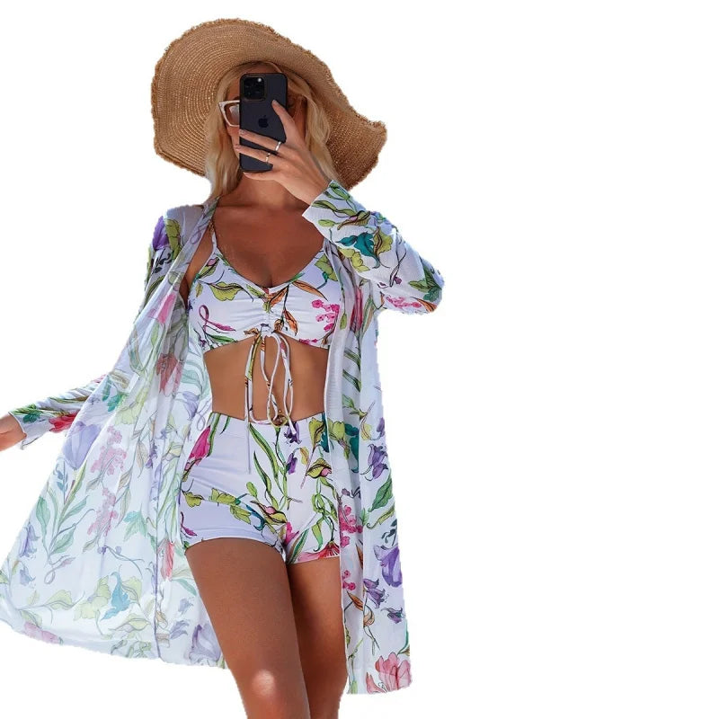 Women’s 3-Piece Bikini Set – High Waist Swimwear with Cover-Up