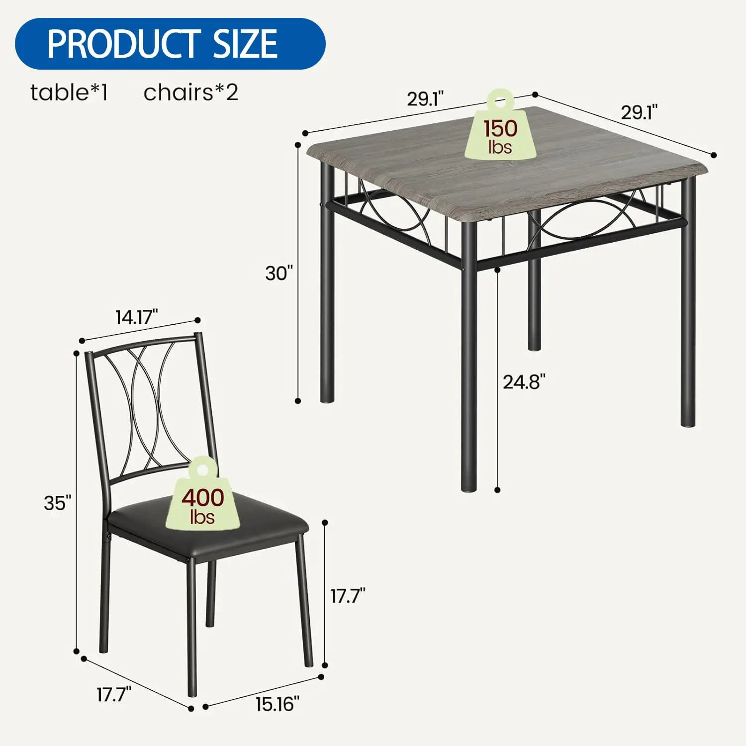 3-Piece Wood Dining Table Set for 2, Compact Square Kitchen Table Set with 2 Upholstered Chairs, Space-Saving Dining Set for Small Dining Rooms, Apartments & Kitchens